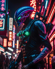 illustration of a creepy alien warrior in his armor in a city at night - generative ai