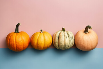 Top view of various different colorful small pumpkins in a row