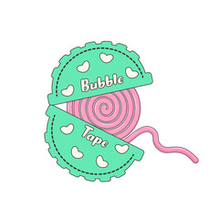 Bubble gum in roll. Classic 80’s or 90’s bubble tape. Retro sweet Chewing Gum. Y2k trendy sticker, fashion patch, badge, emblem.
