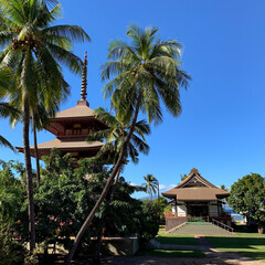 Palm Trees and blue skies over the pagodas at the Jodo Buddist Mission in Lahaina, Maui, Hawaii