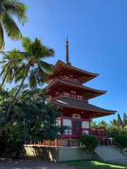 Naklejka premium Beautiful pagoda at the Jodo Buddhist Mission in Lahaina, Maui near Front Street, Hawaiian Islands