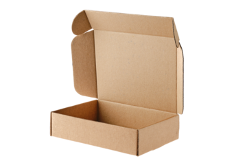 Opened flat cardboard box on white background
