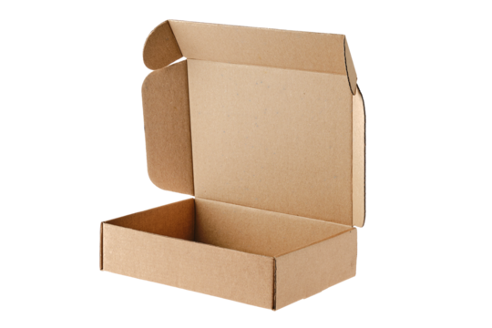 Opened flat cardboard box on white background