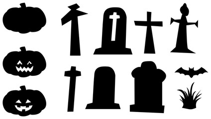 Halloween icon set of cemetery elements and scary pumpkins.