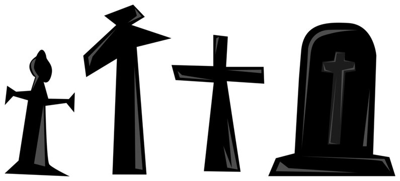 Black cemetery element set of cross icon set for October Halloween.