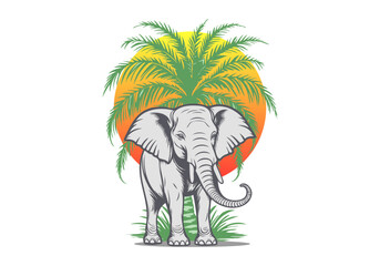 Vector jungle. A small gray graphic baby elephant with small tusks stands against the backdrop of a palm tree and the sun. Cartoon sunset or sunrise. White isolated background.