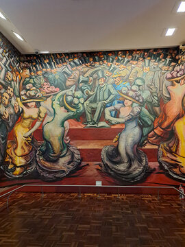 Mexico City, Mexico - August 9, 2023: Mural From Porfirismo to the Revolution by painter David Alfaro Siqueiros inside the National Museum of History, Chapultepec Castle