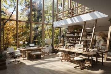 Naklejka premium Nordic-inspired artist's studio, emphasizing simplicity and a connection to nature, Generated with AI