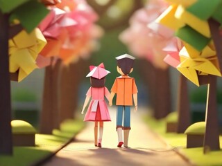 The childhood sweethearts walked hand in hand origami style, AI generated