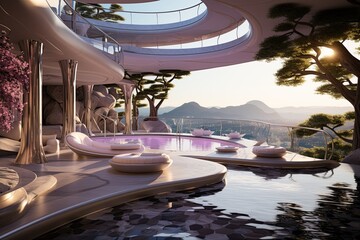 futuristic high-tech resort and spa, showcasing smart wellness amenities, virtual reality...