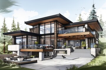 Fototapeta na wymiar Sketch a modern home design that combines sleek lines, large windows, and open spaces. Embrace minimalist aesthetics while integrating innovative technology for smart living.Generated with AI