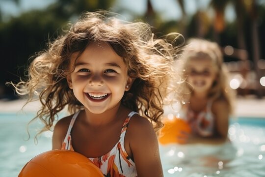 Two Little Girls Wearing Swimsuits And Sunglasses Playing With Balls In The Swimming Pool. Family Vacation 3d Generative Ai