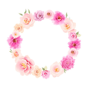 Circle roses frame, watercolor wreath flowers isolated on white