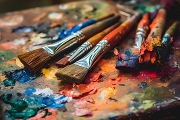 Close up of art palette and a paintbrush on artist canvas covered with oil paints
