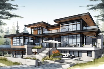 Fototapeta premium Sketch a modern home design that combines sleek lines, large windows, and open spaces. Embrace minimalist aesthetics while integrating innovative technology for smart living.Generated with AI