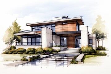 Sketch a modern home design that combines sleek lines, large windows, and open spaces. Embrace minimalist aesthetics while integrating innovative technology for smart living.Generated with AI