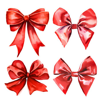 Watercolor collection of red bows, set vector