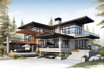 Sketch a modern home design that combines sleek lines, large windows, and open spaces. Embrace minimalist aesthetics while integrating innovative technology for smart living.Generated with AI