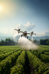 Fototapeta na wymiar Generative Ai illustration of Drone flying and spraying crop fields with ecological and sustainable pesticides