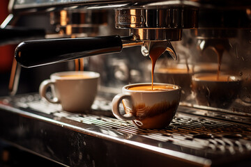 A close up of an espresso machine pull, the crema dripping into the cup below.