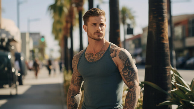 Muscular tattoo young man standing in street with day light