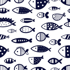 Cute retro seamless pattern with blue fish on white background. Can be used in textile industry, paper, background, scrapbooking.Vector.