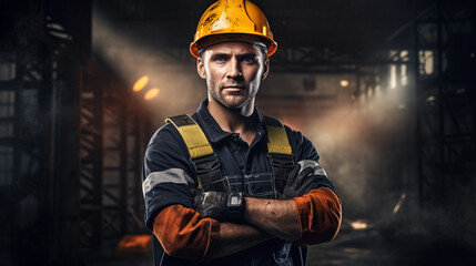 Middle aged professional construction worker wearing a hard hat in working site