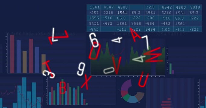 Animation of changing numbers and alphabets floating against statistical data processing