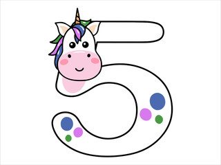 Unicorn Alphabet Number 5 Illustration