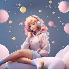 Obraz na płótnie Canvas 3d girl sitting on a bean bag listening music with headphones, generative ai