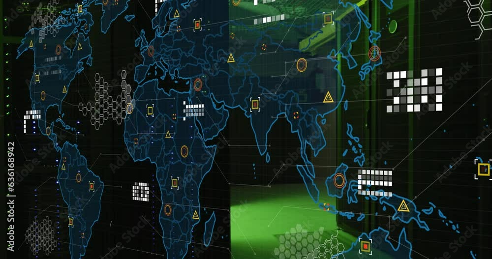Poster animation of microprocessor connections over world map against computer server room