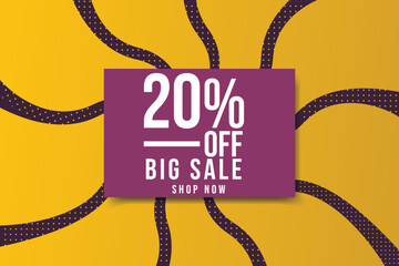 Sale special offer 20 percent off banner. Yellow background big sale offer and ads promotion template design.
