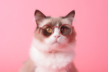 a cute cat wearing round glasses, pink background
