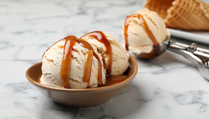 Scoops of ice cream with caramel sauce and cone on white marble table, closeup. Space for text