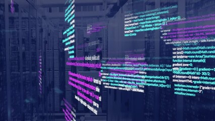 Animation of multicolored computer language with binary codes over server room - Powered by Adobe