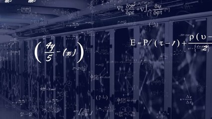 Animation of mathematical equations over connected dots on data server racks - Powered by Adobe