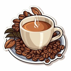 Obraz premium Mug of hot chocolate with cocoa beans and leaves on a white background. Generated by AI.