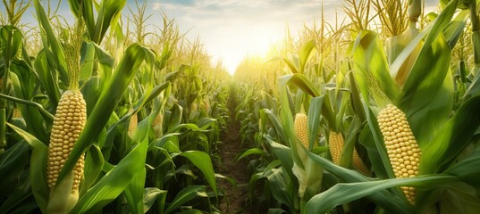 Corn cobs in corn plantation field.