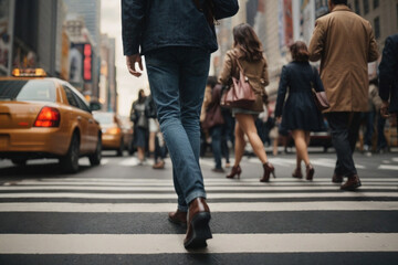  Crowded pedestrian crossing, New York City. People crossing busy street. - obrazy, fototapety, plakaty