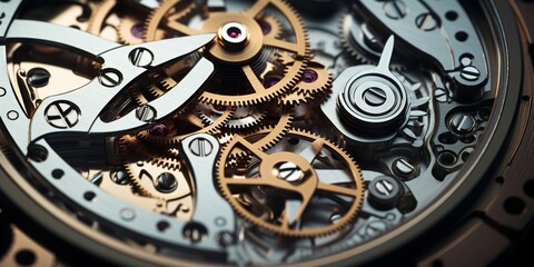 Fototapeta na wymiar The watch's internal gear mechanism's development. Generative Ai.