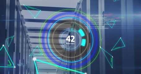 Animation of percent text, countdown from 0 to 100 in loading circles, connected dots, server room - Powered by Adobe