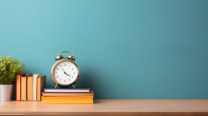 empty background with clock with books on wooden table