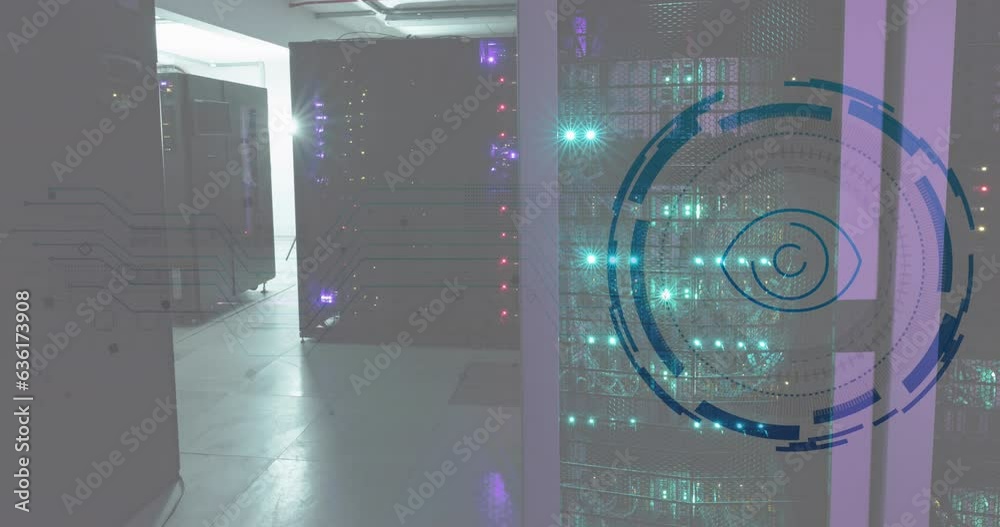 Poster animation of eye in loading circles over illuminated data server racks in server room