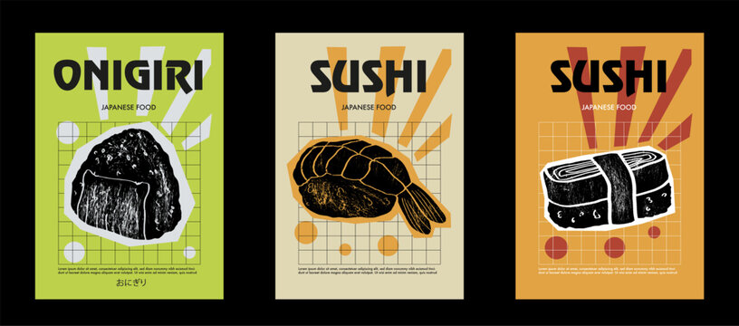 Japanese sushi, onigiri set. Price tag or poster design. Set of vector illustrations. Typography. Engraving style. Labels, cover, t-shirt print, painting.