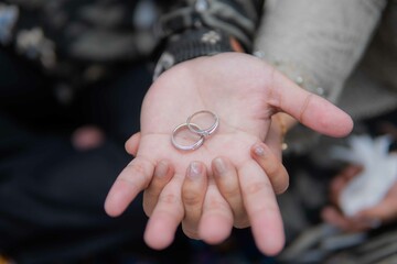The two lovers who are getting engaged place their rings on each other's hands