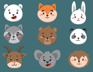 set of cute forest animals faces in vector, children characters for design