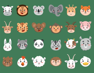 vector illustrations of animal faces, large set, flat style