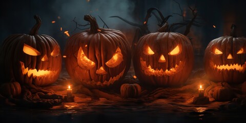 Candle-lit pumpkins for Halloween. Generative Ai.