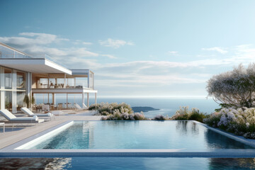 White hotel resort in minimal and modern Mediterranean design, with swimming pool and sea view background, private pool villa house on hill, with Generative Ai.