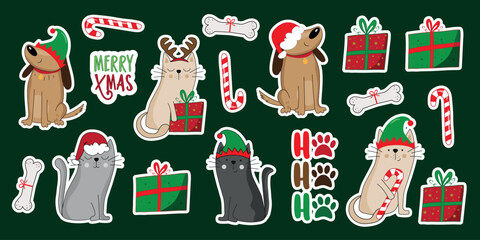 Christmas pets sticker set. Cute dogs and cats in santa hat and elf hat. Bone, gift box and candy cane.